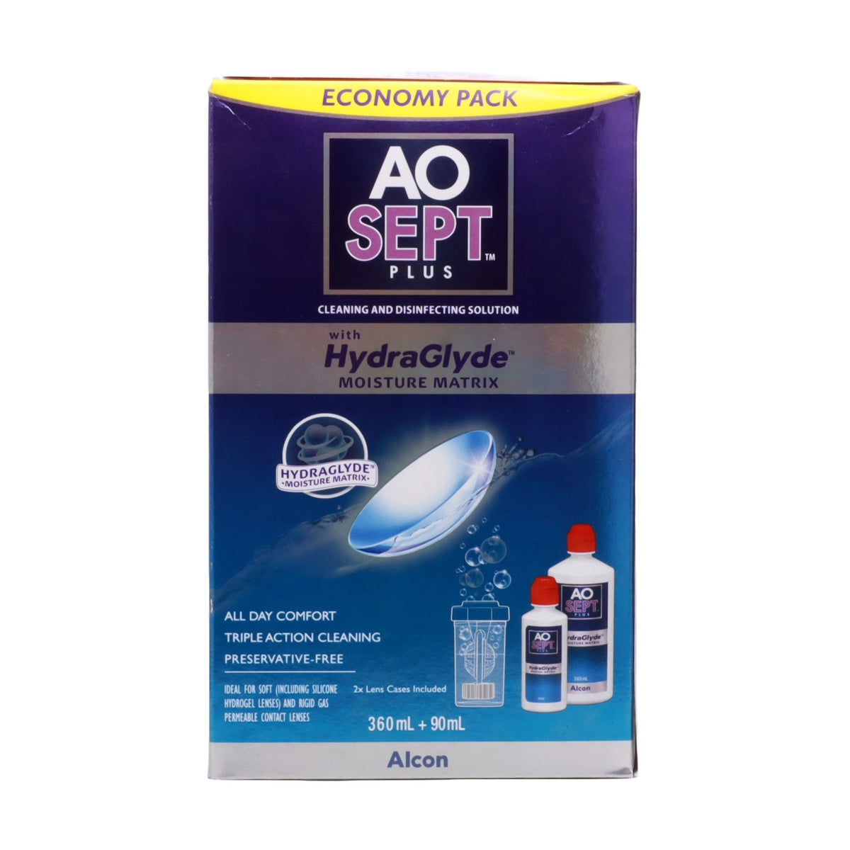 AOSept Plus with HydraGlyde economy pack contact lens solution, front view