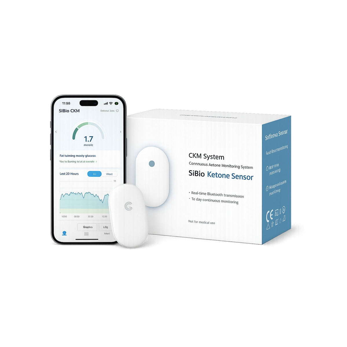KS1 continuous ketone monitor (CKM) sensor, app and box, front view