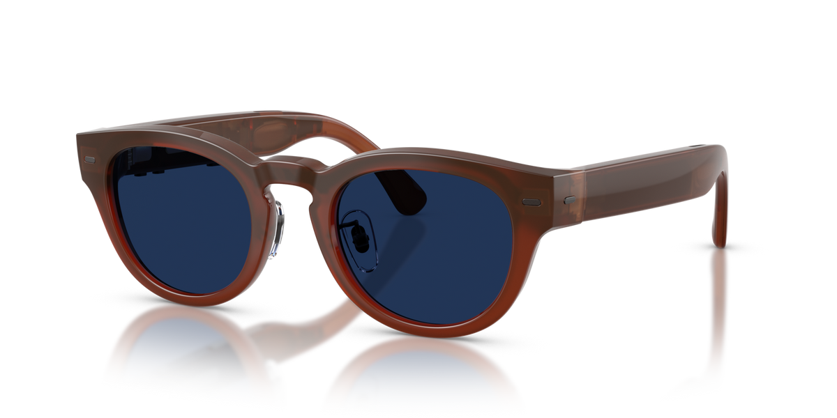 Nuance Audio Plus Panthos 48 hearing glasses in amber, Transitions Clear to Sapphire lenses