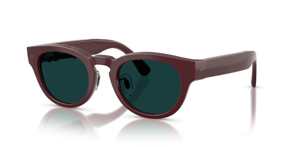 Nuance Audio Plus Panthos 48 hearing glasses in burgundy, Transitions Clear to Emerald lenses