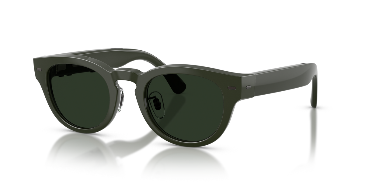 Nuance Audio Plus Panthos 48 hearing glasses in olive green, Transitions Clear to Green lenses