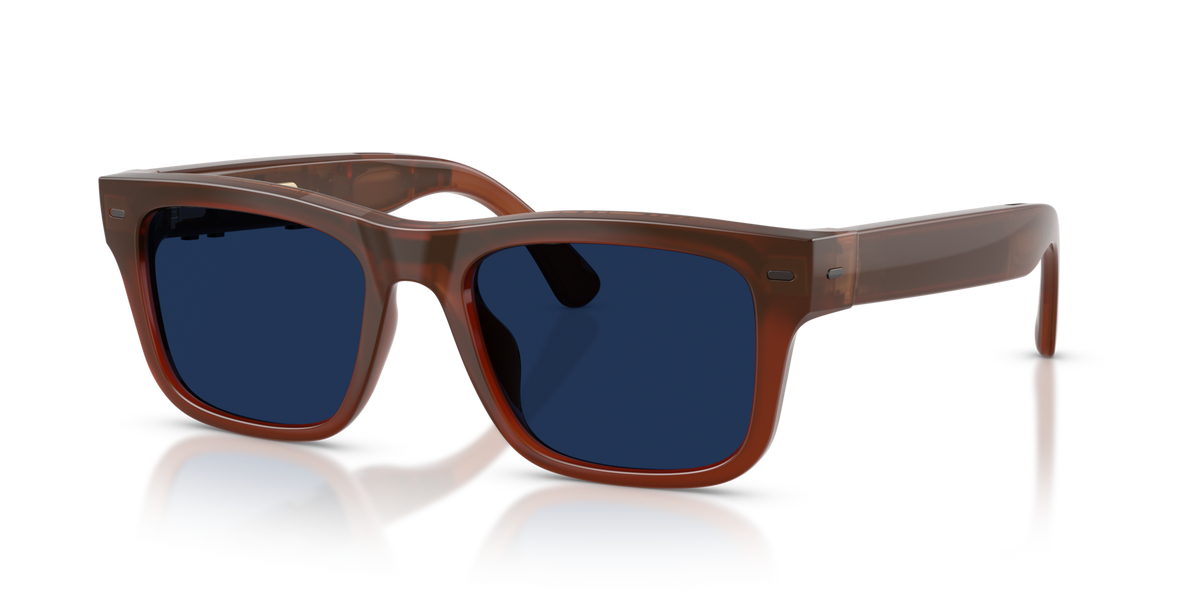 Nuance Audio Plus Square 53 hearing glasses in amber, Transitions Clear to Sapphire lenses