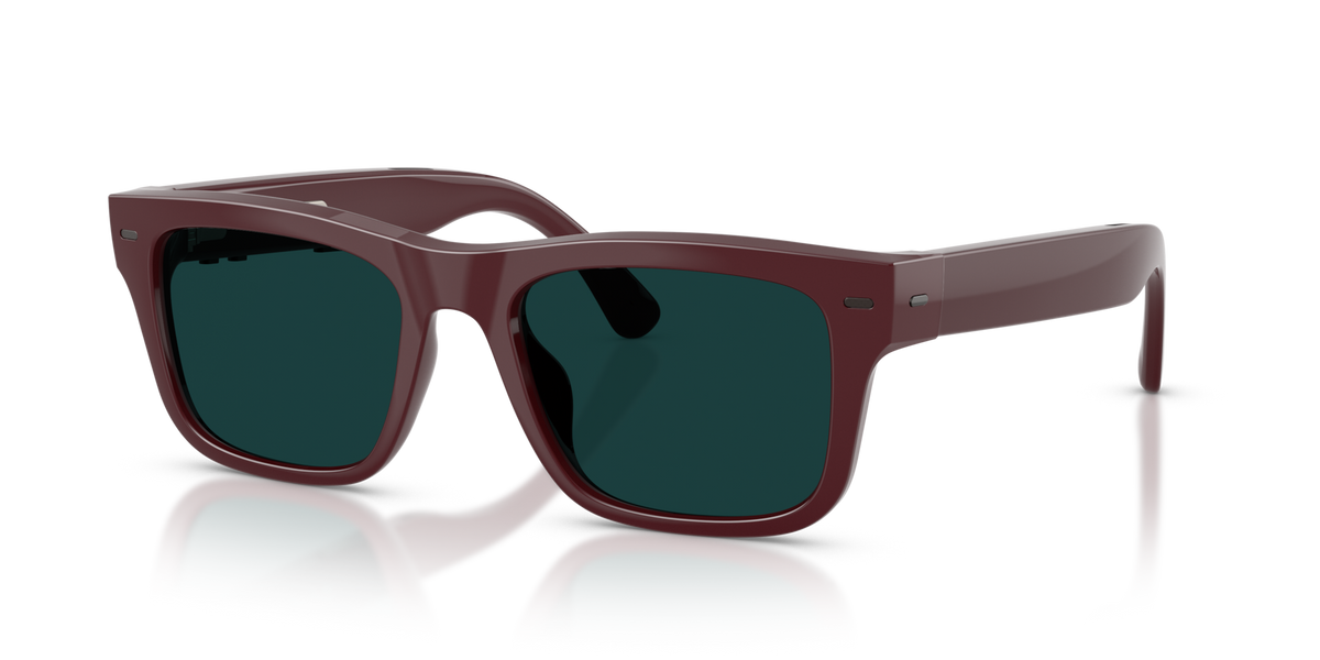 Nuance Audio Plus Square 53 hearing glasses in burgundy, Transitions Clear to Emerald lenses