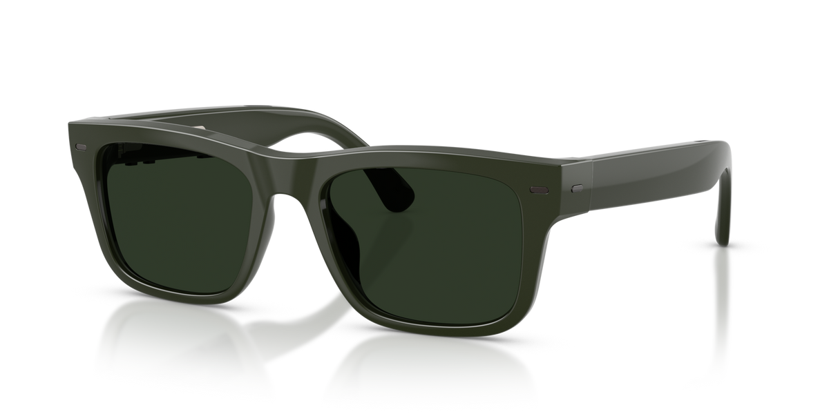 Nuance Audio Plus Square 53 hearing glasses in olive green, Transitions Clear to Green lenses