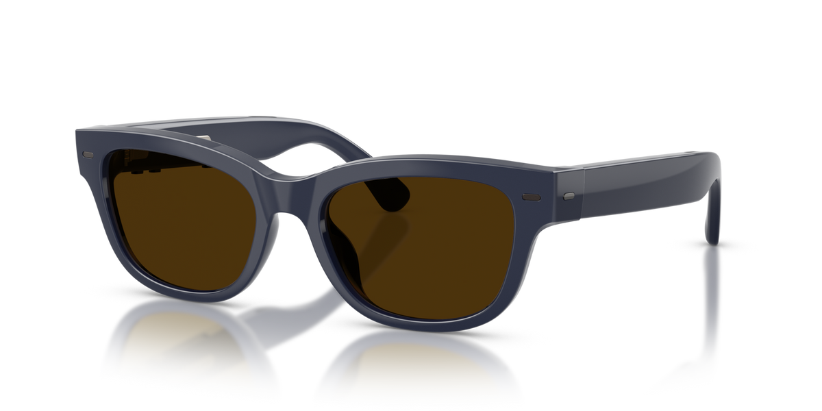 Nuance Audio Plus Upturn 52 hearing glasses in deep blue, Transitions Clear to Amber lenses