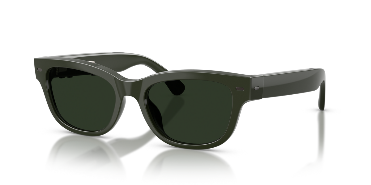 Nuance Audio Plus Upturn 52 hearing glasses in olive green, Transitions Clear to Green lenses