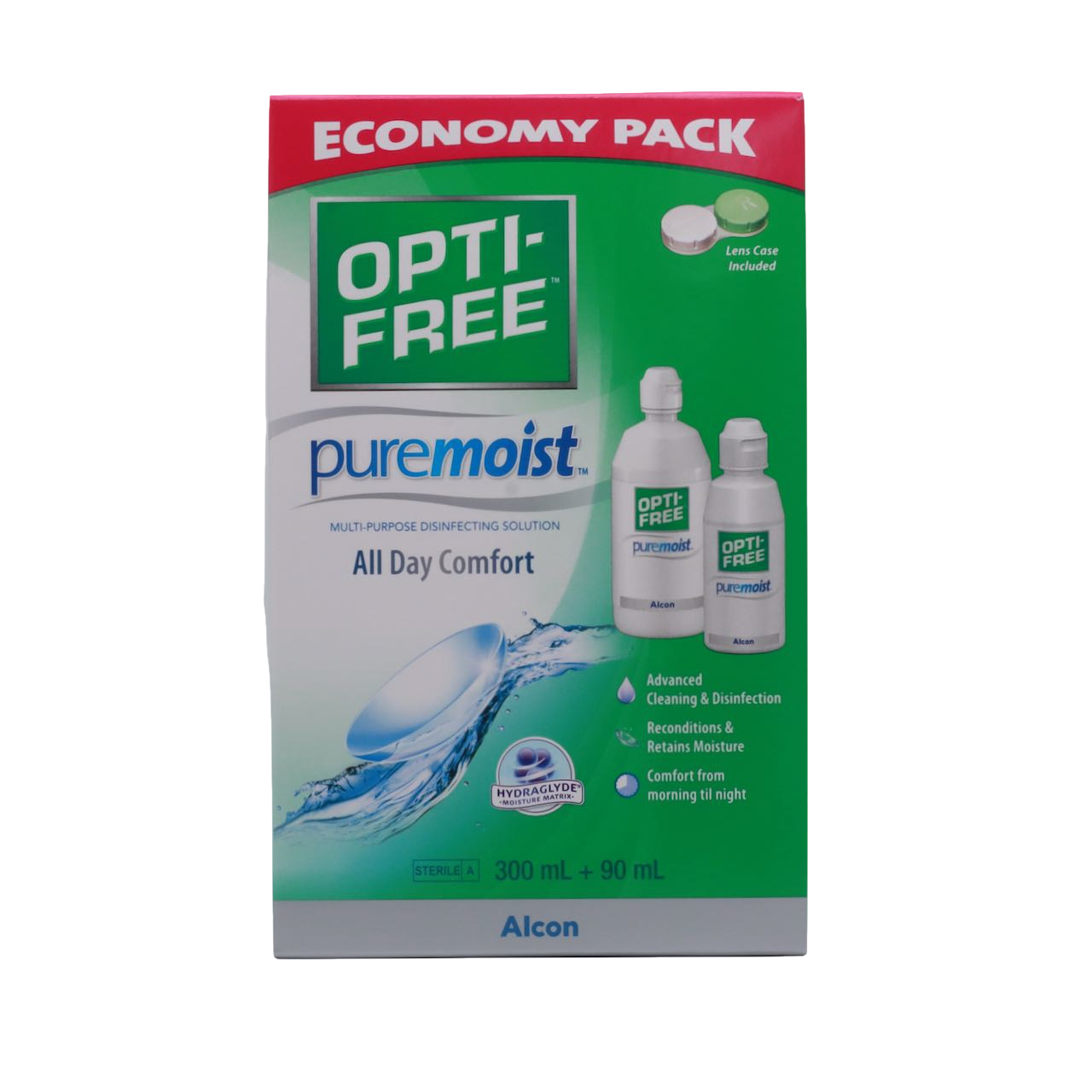 Opti-Free Puremoist contact lens solution economy pack, front view