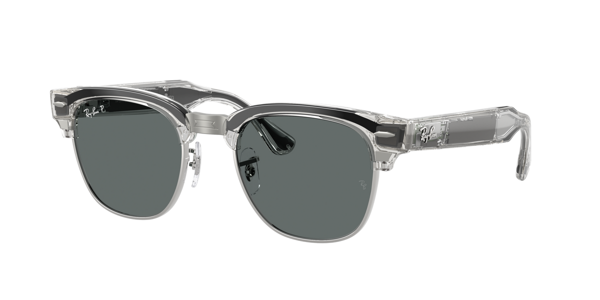 Ray-Ban Meta Clubmaster (Gen 3) Transparent Iron Grey / Dark Grey Polarised 0RW7004 693081 — angled