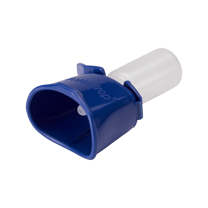 Owen Mumford AutoDrop eye drop guide — clips onto the bottle and aligns the nozzle over the eye
