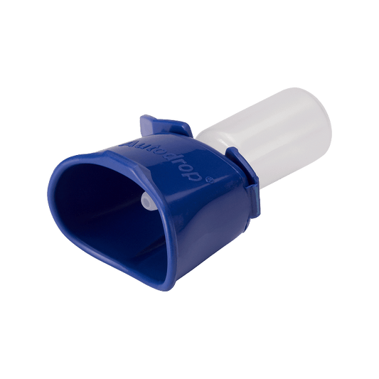 Owen Mumford AutoDrop eye drop guide — clips onto the bottle and aligns the nozzle over the eye