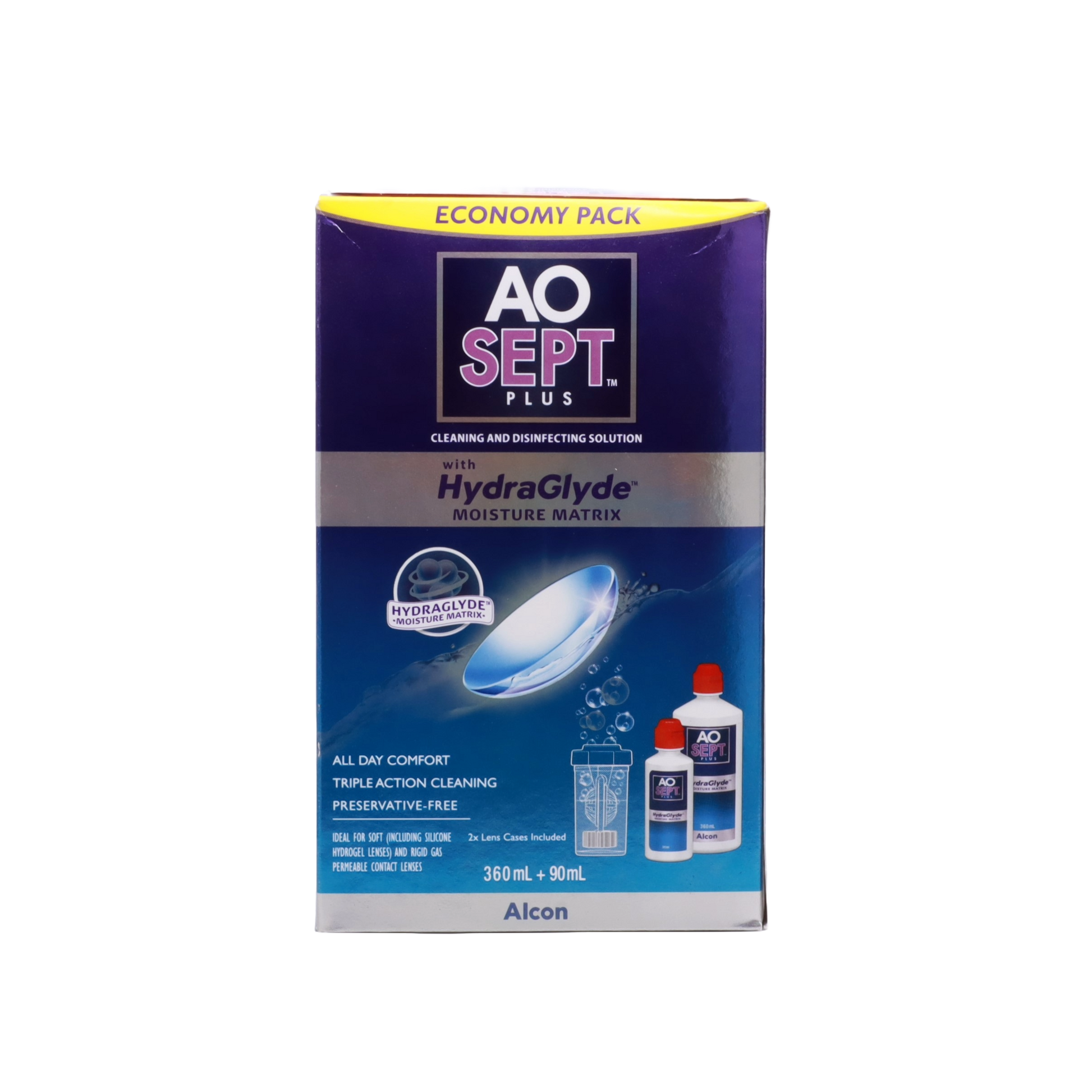 AOSept Plus with HydraGlyde economy pack contact lens solution, front view
