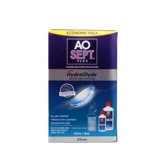 AOSept Plus with HydraGlyde economy pack contact lens solution, front view