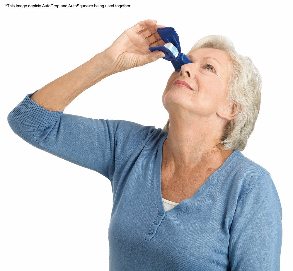 Woman using AutoSqueeze and AutoDrop together to instil eye drops