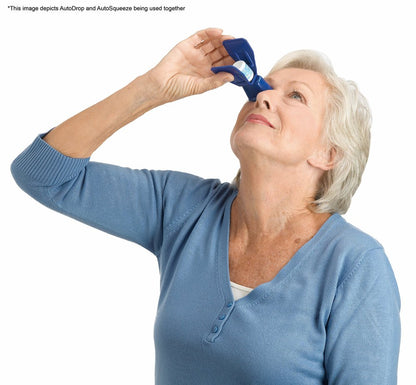 Woman using AutoSqueeze and AutoDrop together to instil eye drops