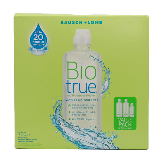 Biotrue multi-purpose soft contact lens solution value pack 720ml, front view