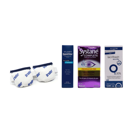 Complete Dry Eye Kit: Bruder moist heat eye compress, OCuSOFT HypoChlor eyelid spray, Systane Complete preservative-free drops and Avizor Lacrifresh Ocu-Dry 10ml
