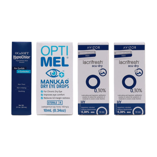 Dry Eye Starter Kit for irritated lids: OCuSOFT HypoChlor eyelid spray, Optimel Manuka honey eye drops and two Avizor Lacrifresh Ocu-Dry 10ml