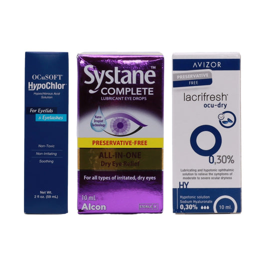 Dry Eye Starter Kit for watery eyes: OCuSOFT HypoChlor eyelid spray, Systane Complete preservative-free drops and Avizor Lacrifresh Ocu-Dry 10ml