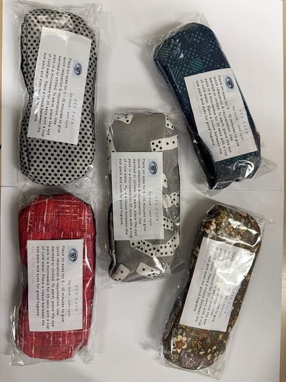 Eye Pack wheat bag warm compresses in assorted fabric prints, sealed packs, made in New Zealand