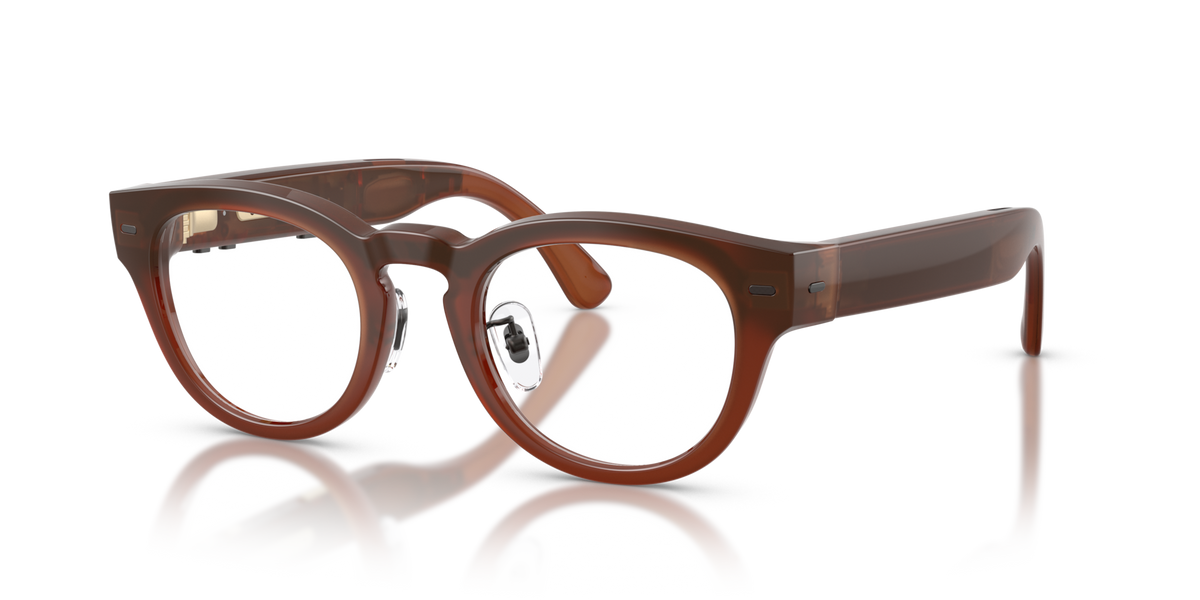 Nuance Audio Plus Panthos 48 hearing glasses in amber, angled view