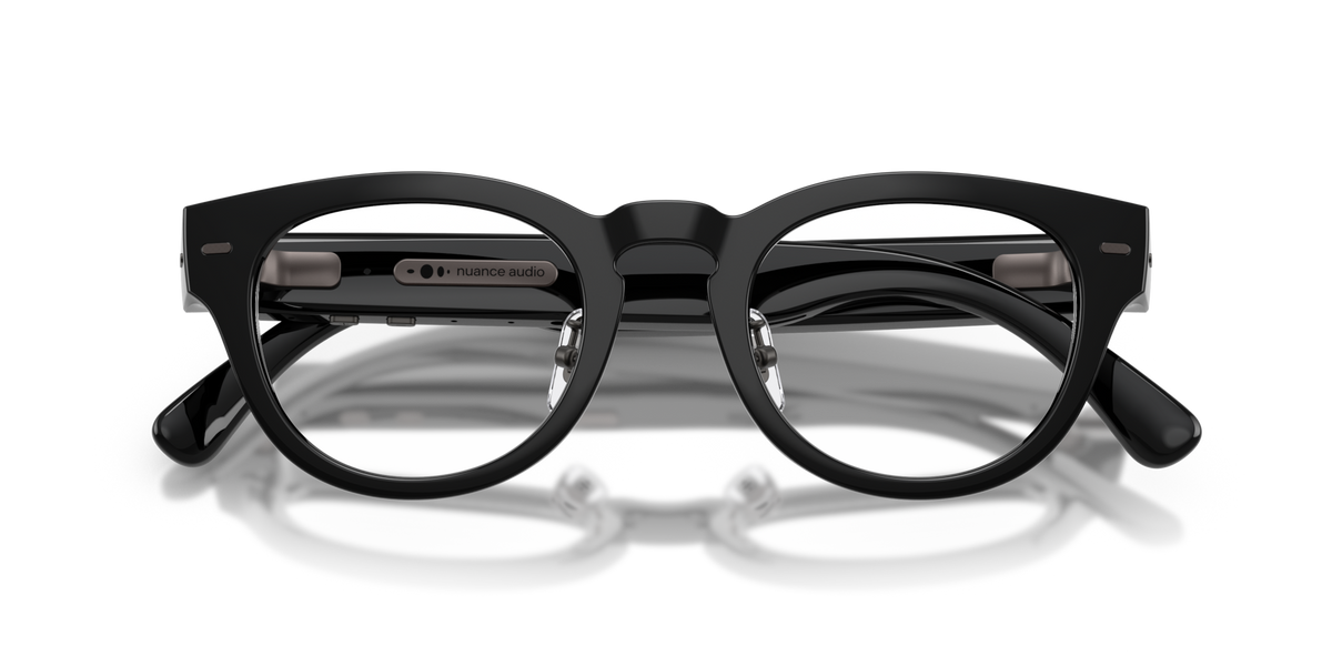 Nuance Audio Plus Panthos 48 hearing glasses in black, folded