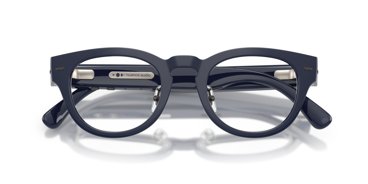 Nuance Audio Plus Panthos 48 hearing glasses in deep blue, folded