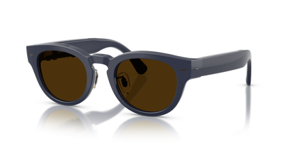 Nuance Audio Plus Panthos 48 hearing glasses in deep blue, Transitions Clear to Amber lenses