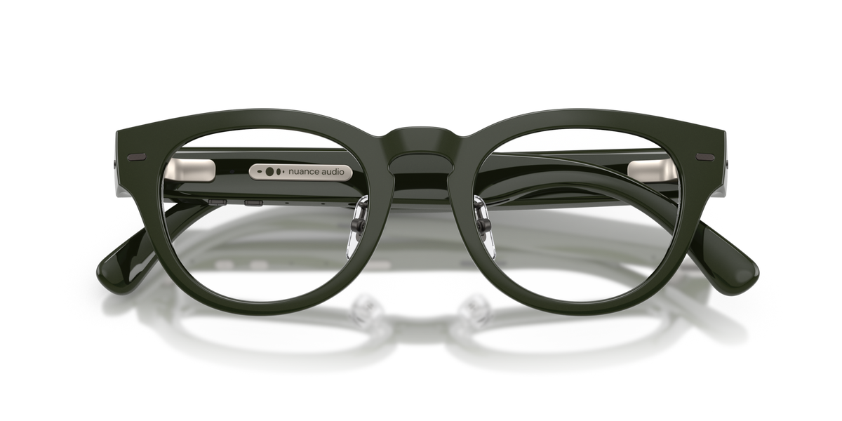 Nuance Audio Plus Panthos 48 hearing glasses in olive green, folded