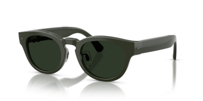 Nuance Audio Plus Panthos 48 hearing glasses in olive green, Transitions Clear to Green lenses