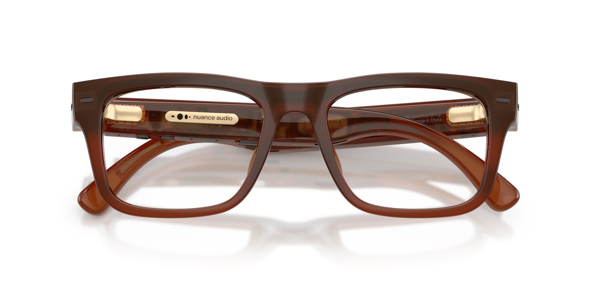 Nuance Audio Plus Square 53 hearing glasses in amber, folded