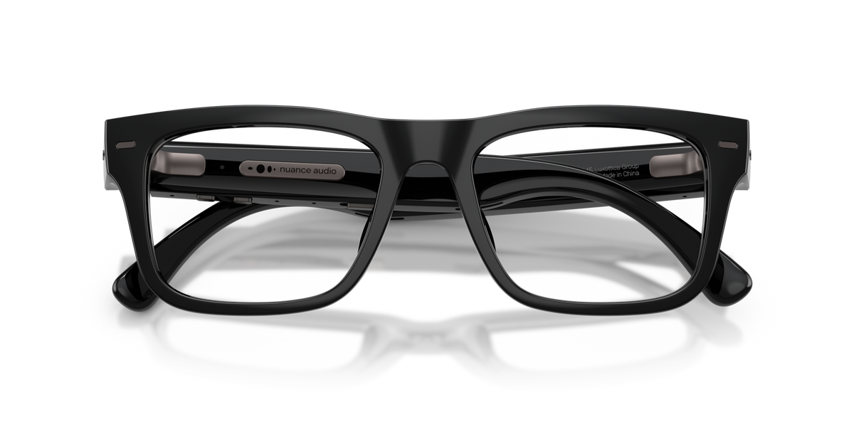 Nuance Audio Plus Square 53 hearing glasses in black, folded