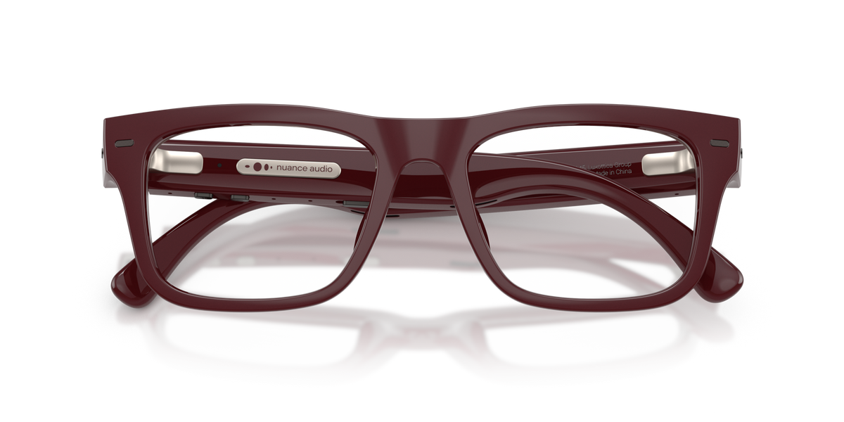 Nuance Audio Plus Square 53 hearing glasses in burgundy, folded