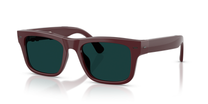Nuance Audio Plus Square 53 hearing glasses in burgundy, Transitions Clear to Emerald lenses