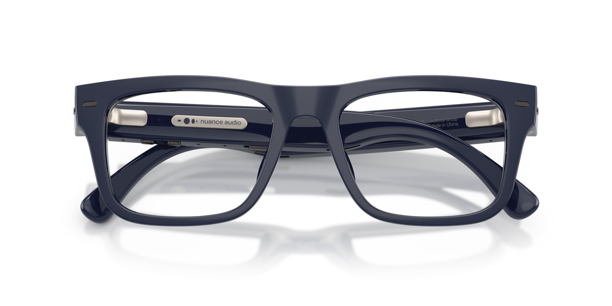 Nuance Audio Plus Square 53 hearing glasses in deep blue, folded
