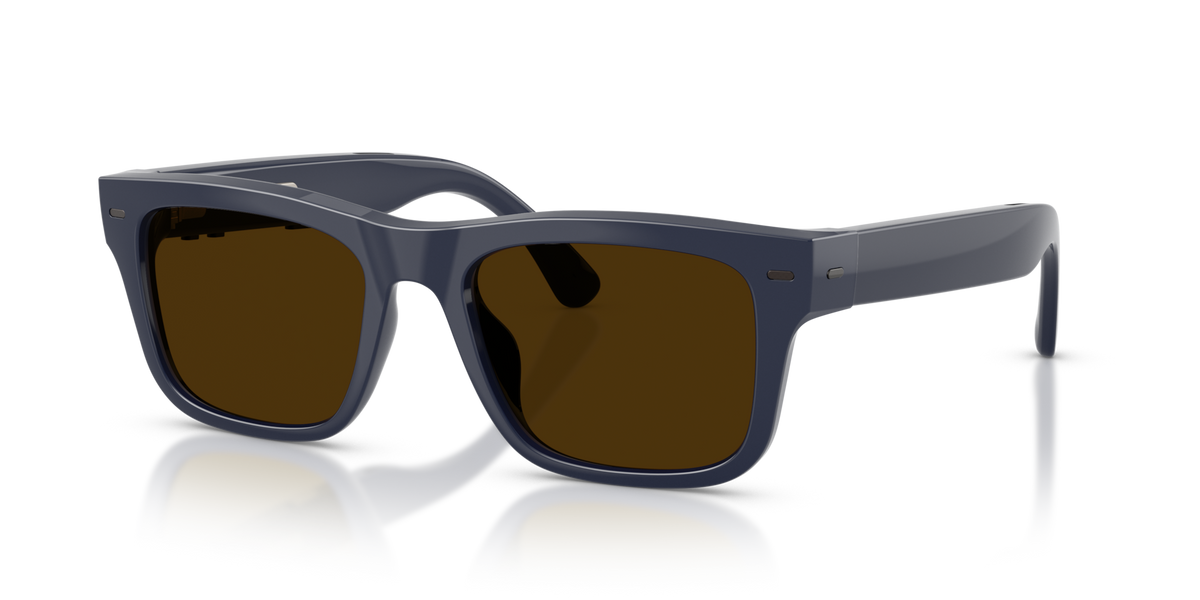Nuance Audio Plus Square 53 hearing glasses in deep blue, Transitions Clear to Amber lenses
