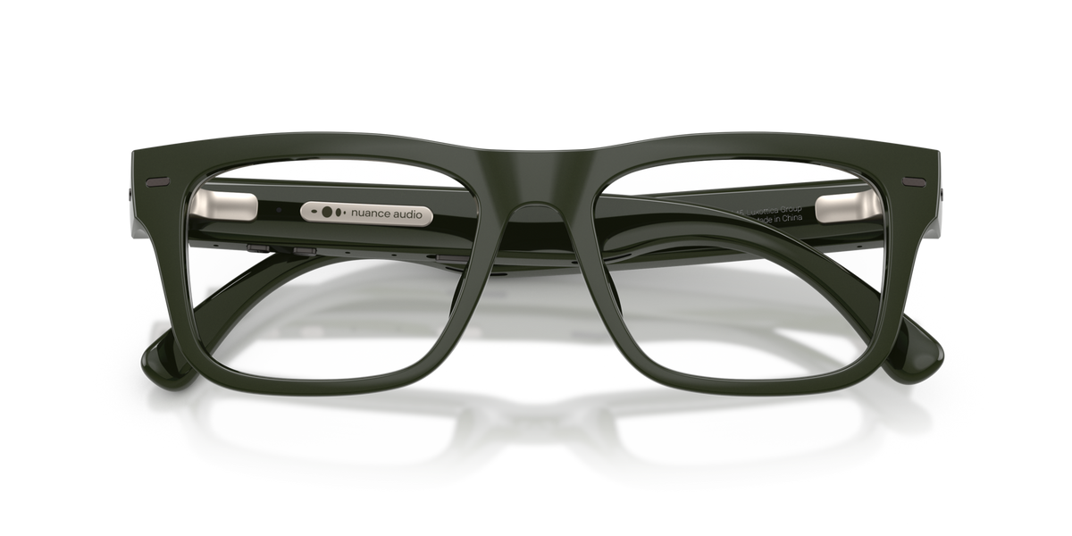 Nuance Audio Plus Square 53 hearing glasses in olive green, folded