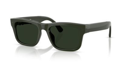 Nuance Audio Plus Square 53 hearing glasses in olive green, Transitions Clear to Green lenses