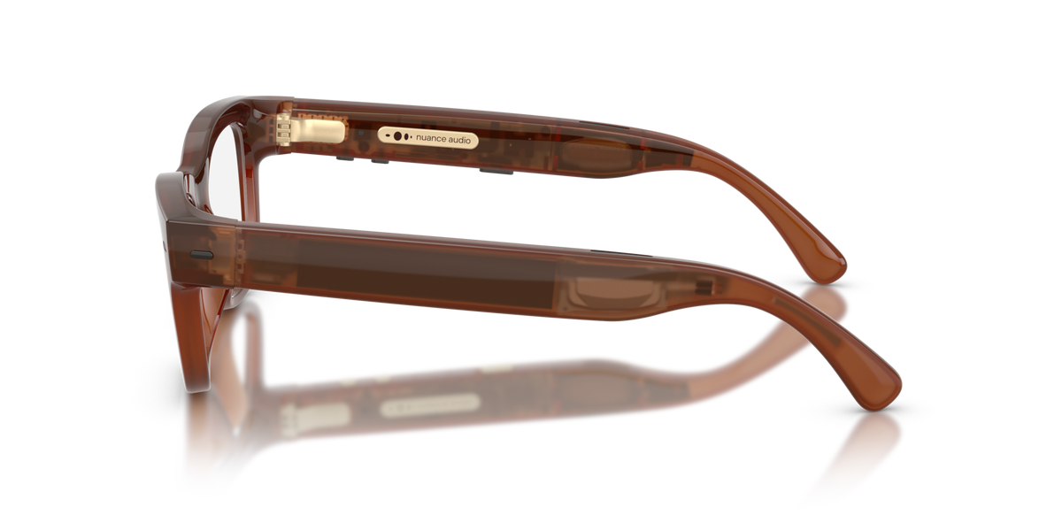 Nuance Audio Plus Upturn 52 hearing glasses in amber, side view