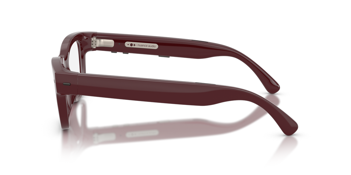 Nuance Audio Plus Upturn 52 hearing glasses in burgundy, side view