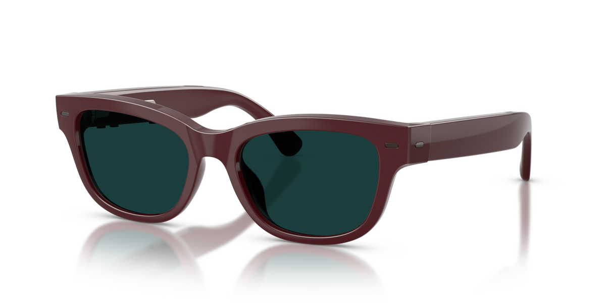 Nuance Audio Plus Upturn 52 hearing glasses in burgundy, Transitions Clear to Emerald lenses
