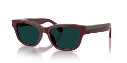 Nuance Audio Plus Upturn 52 hearing glasses in burgundy, Transitions Clear to Emerald lenses