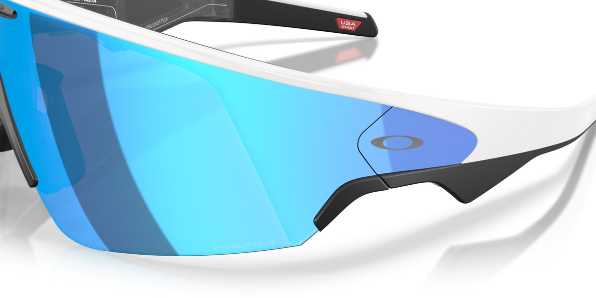Oakley Meta Vanguard Matte White / Prizm Sapphire — angled